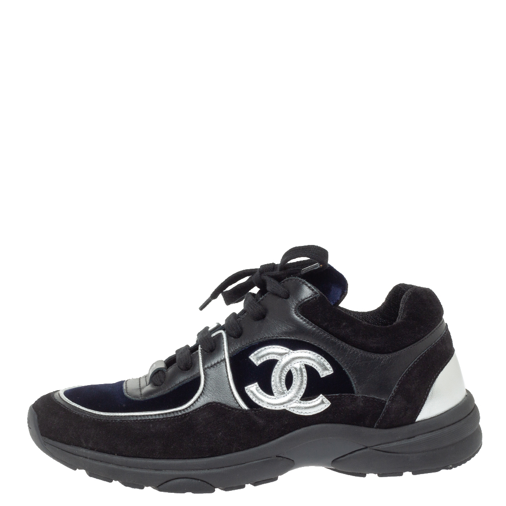 

Chanel Black/Blue Leather, Suede And Velvet CC Low Top Sneakers Size