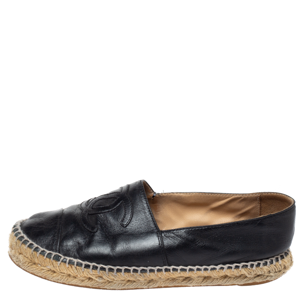 

Chanel Black Leather CC Cap Toe Espadrille Flats Size