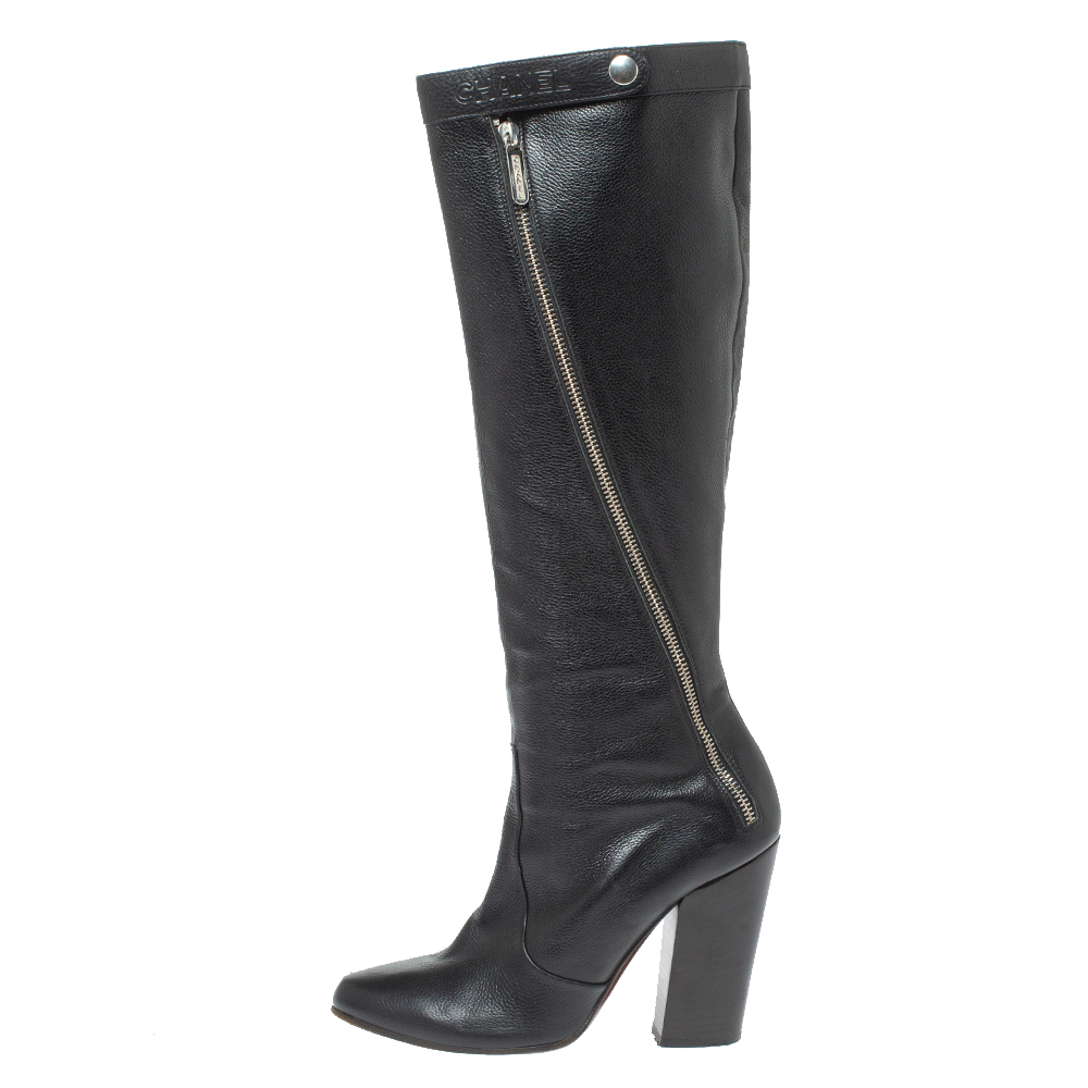 

Chanel Black Leather Round Toe Block Heel High Boots Size