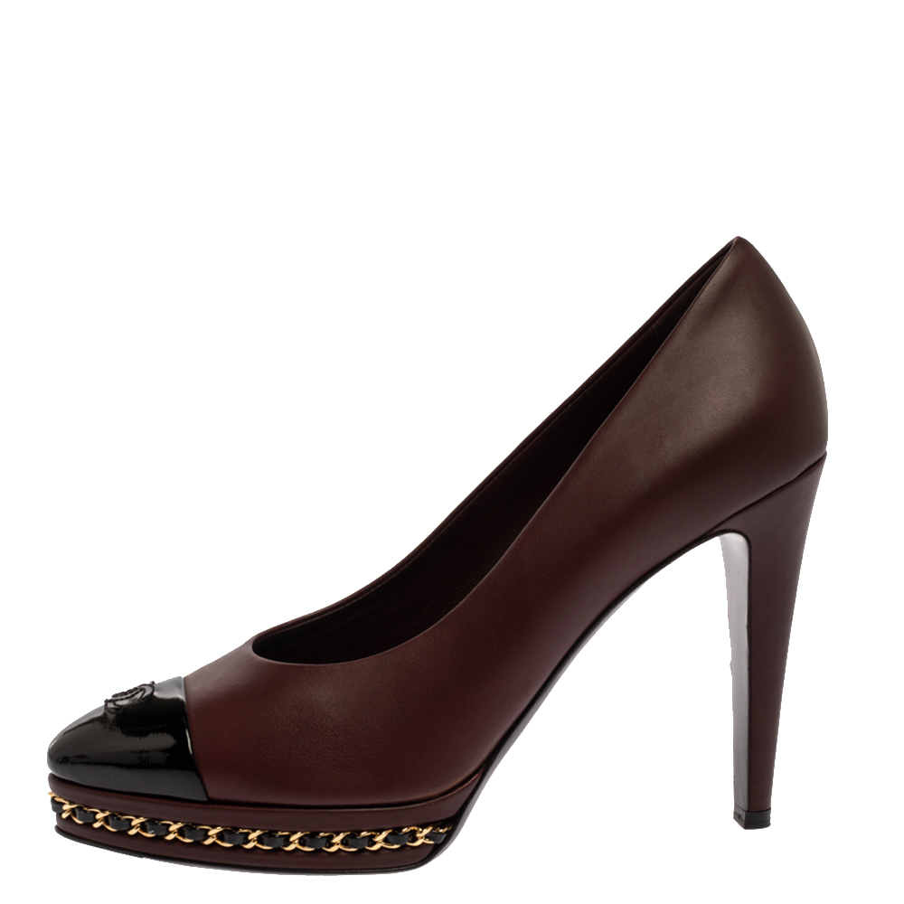 

Chanel Brown Leather CC Chain Detail Platform CC Cap Toe Pumps Size