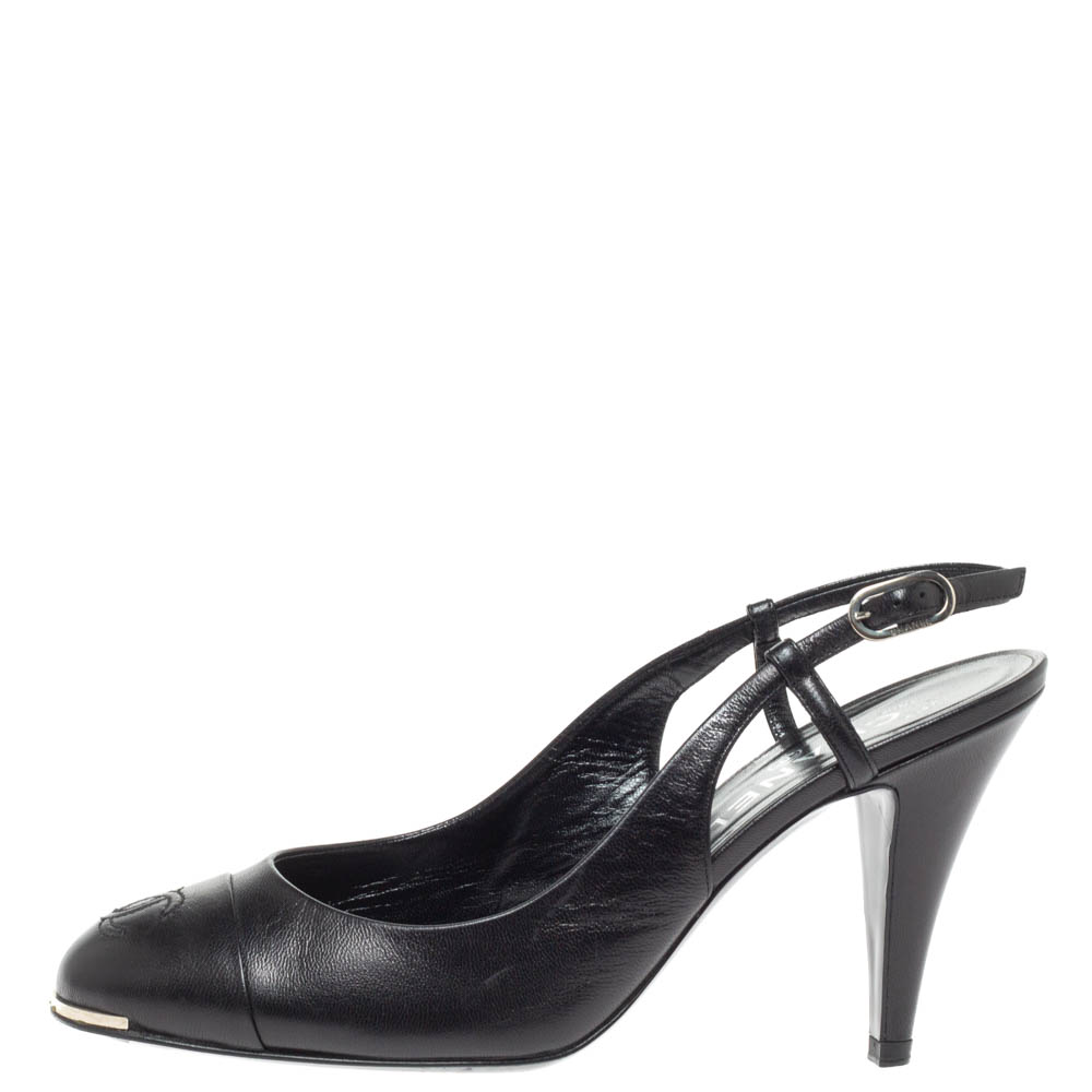 

Chanel Black Leather CC Cap Toe Slingback Sandals Size