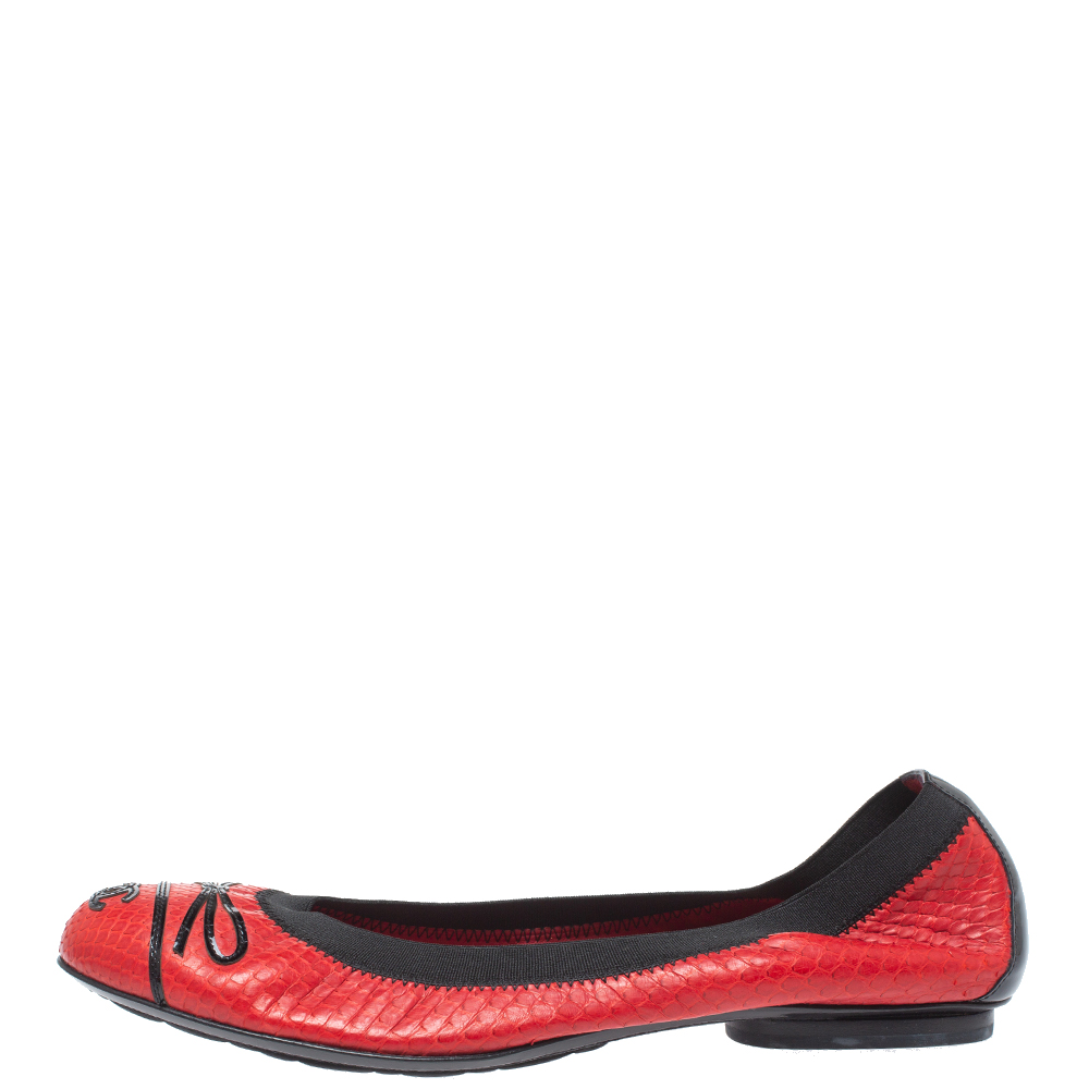 

Chanel Red/Black Python CC Bow Scrunch Elastic Ballet Flats Size