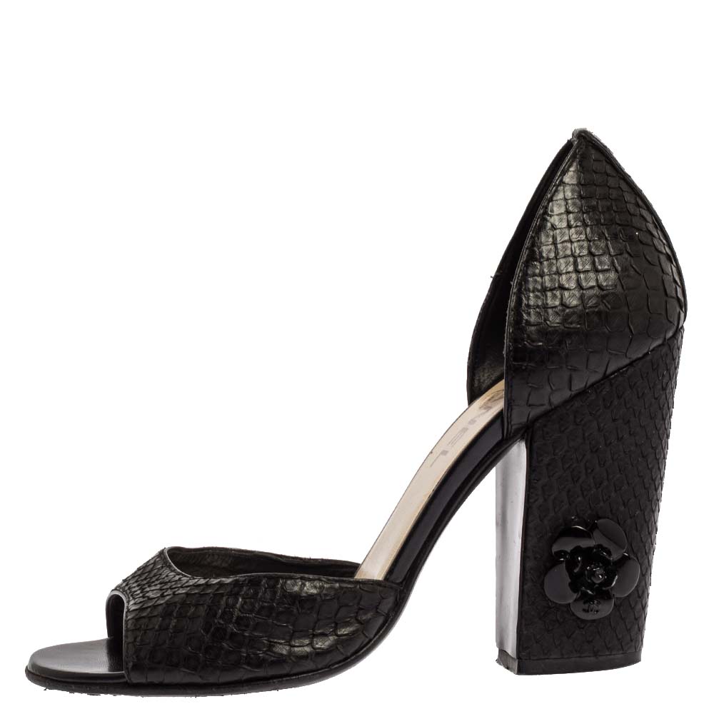 

Chanel Black Snakeskin Camellia Embellished Block Heel D'Orsay Open Toe Pump Size