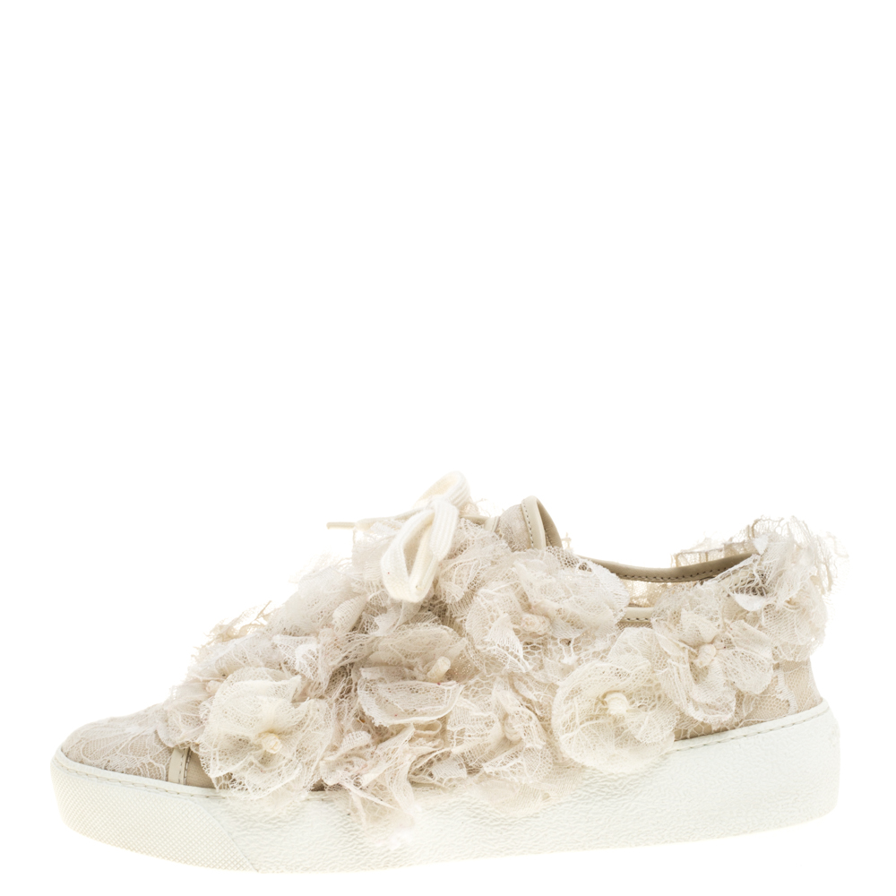 

Chanel Cream CC Camellia Lace Low Top Sneakers Size