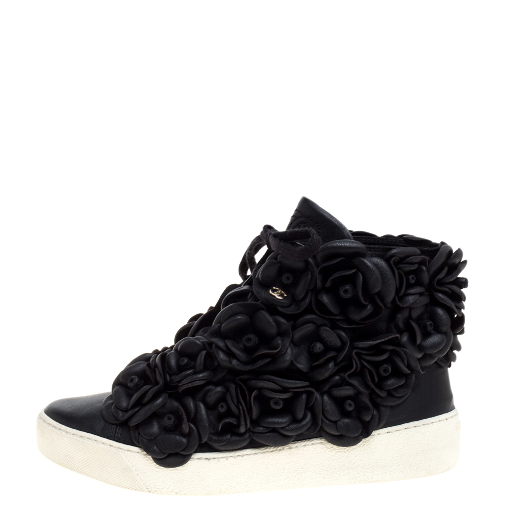 

Chanel Black CC Camellia Leather High Top Sneakers Size