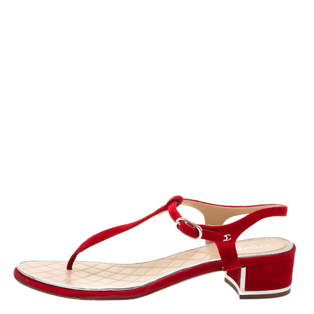

Chanel Red Suede T Strap Thong Sandals Size