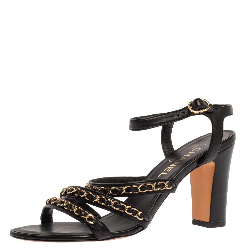 مملوكة مسبقًا Chanel Black Leather Chain Link Ankle Strap Sandals Size 39.5