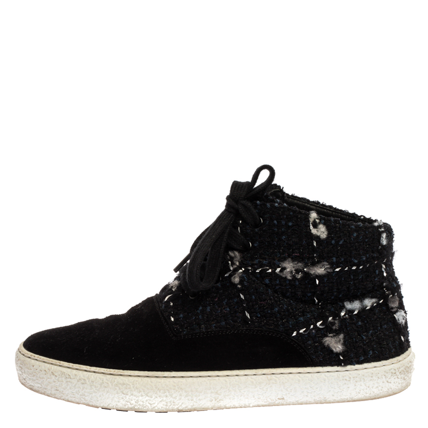 

Chanel Black Tweed Fabric And Suede Leather High Top Sneakers Size