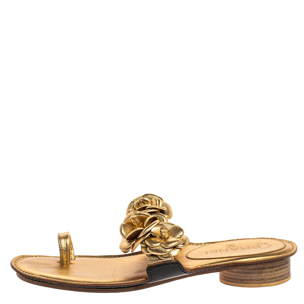 

Chanel Metallic Gold Leather Flower Detail Toe Ring Flats Size