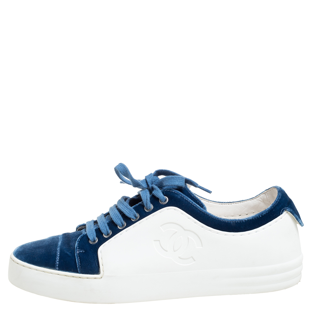 

Chanel Blue/White Rubber and Velvet CC Trainer Low Top Sneakers Size