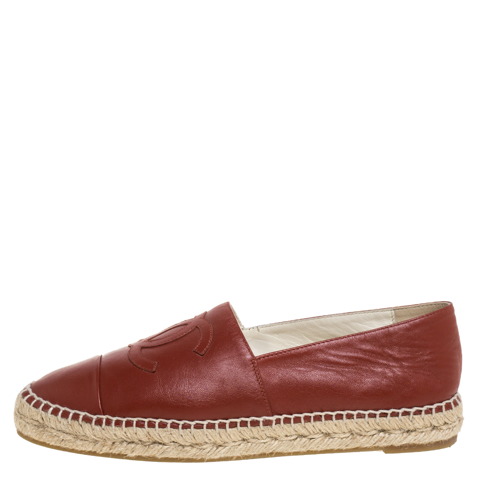 

Chanel Copper Brown Leather CC Cap Toe Espadrille Flats Size