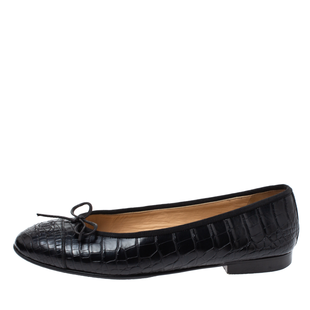 

Chanel Black Crocodile CC Bow Cap Toe Ballet Flats Size