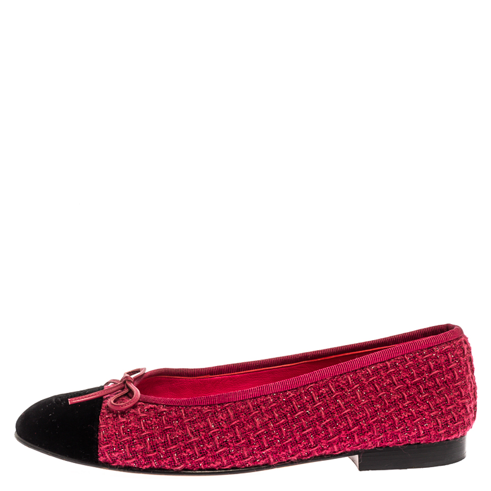 

Chanel Pink/Black Sequin Tweed And Velvet Cap Toe CC Bow Ballet Flats Size