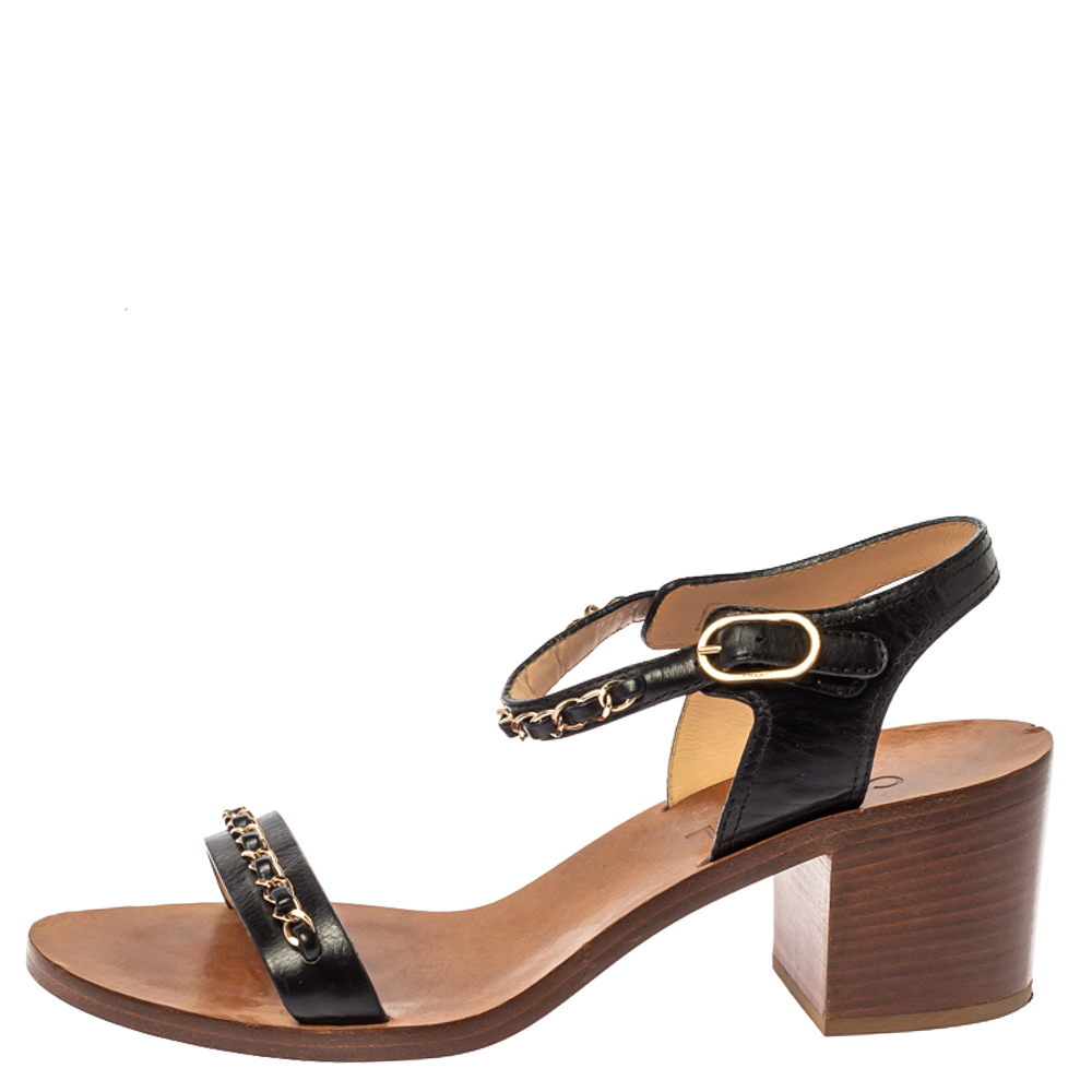 

Chanel Black Leather Chain Embellished Block Heel Ankle Strap Sandals Size