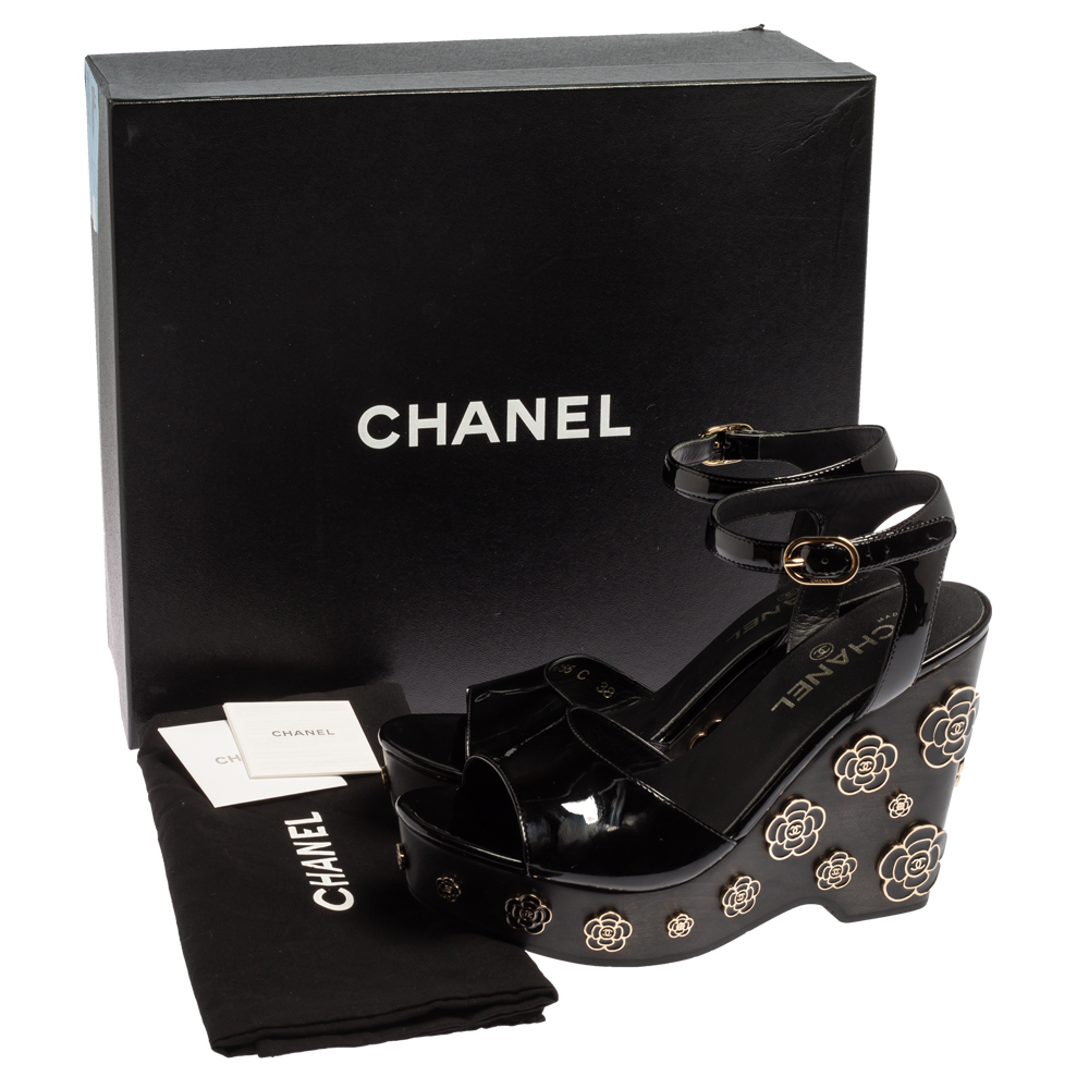Chanel Black Patent Leather Camellia Embellished Open Toe Wedge Sandals  Size 38