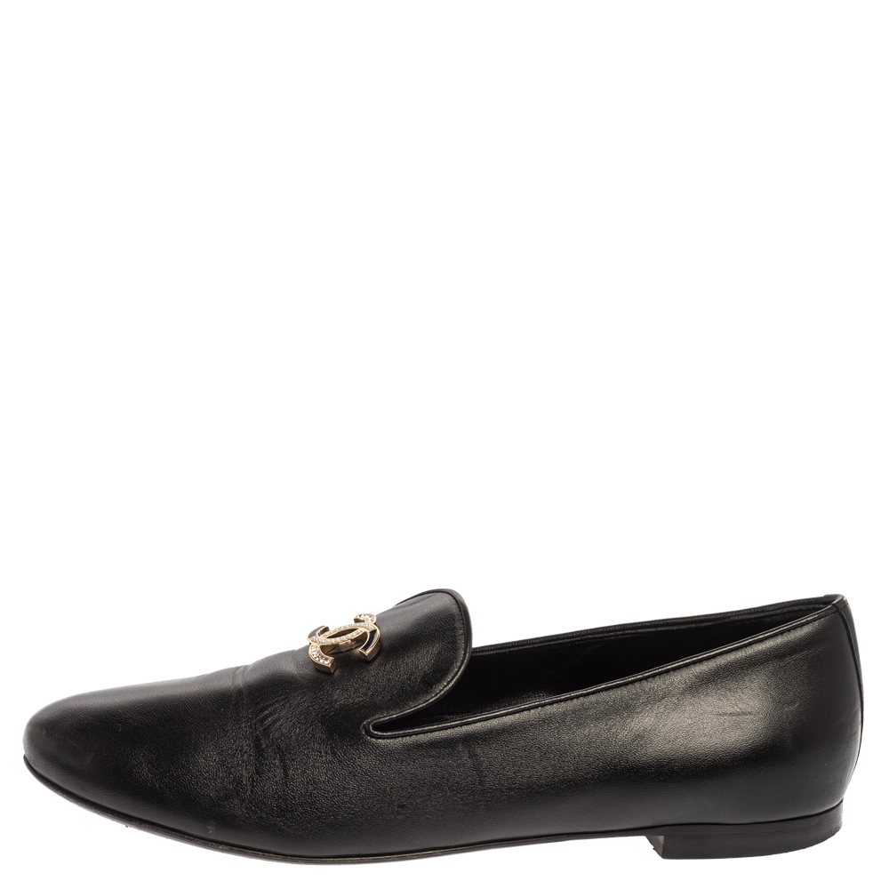 

Chanel Black Leather CC Moccasin Loafers Size