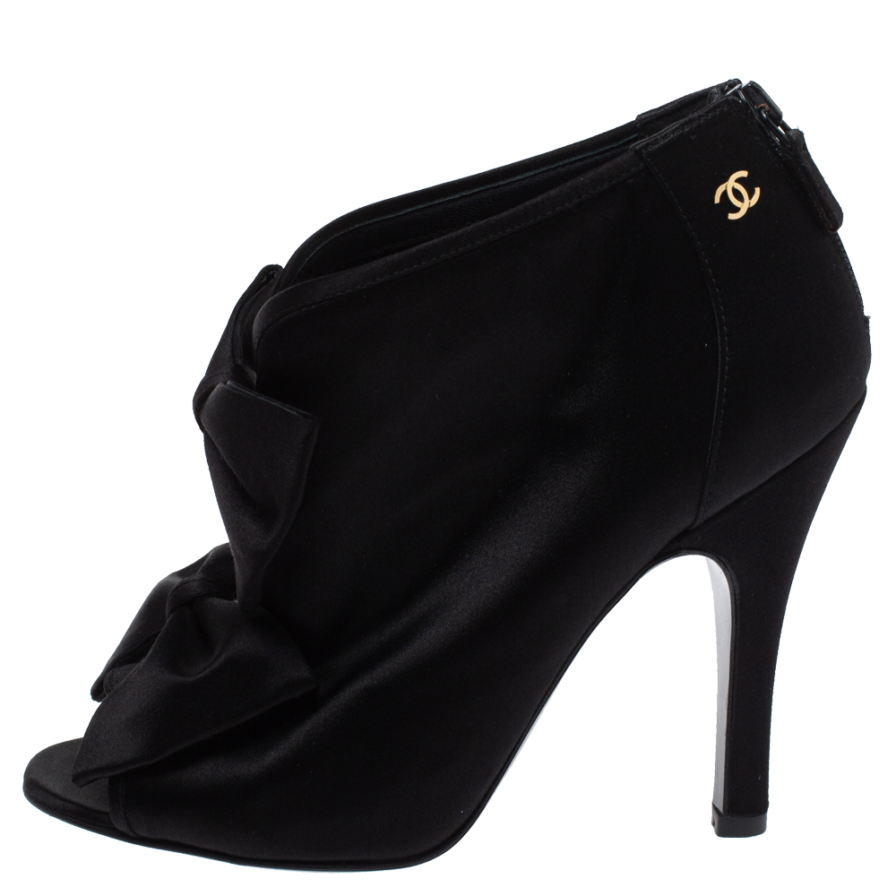 

Chanel Black Satin CC Bow Peep Toe Booties Size