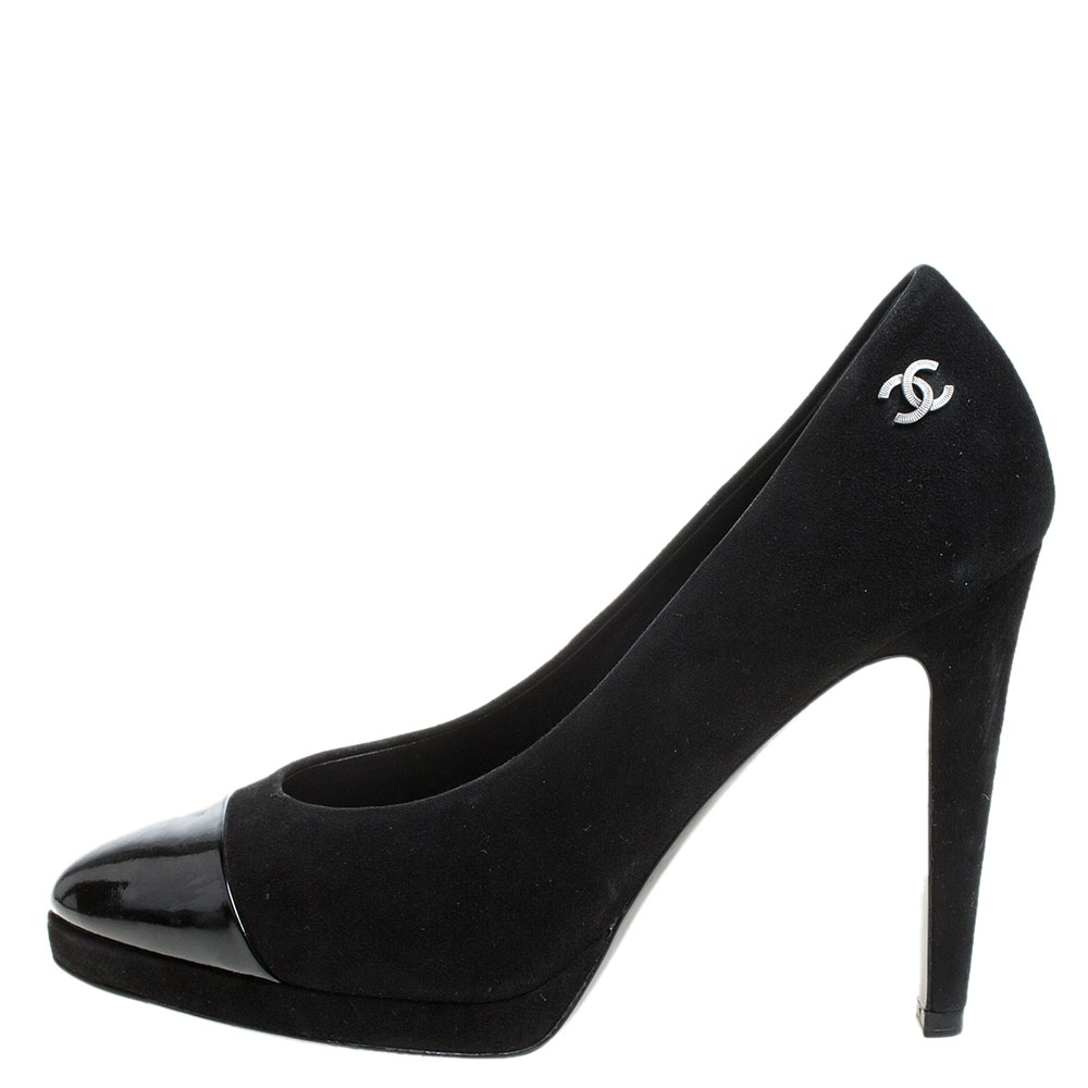 

Chanel Black Suede and Leather Cap Toe Platform Pumps Size