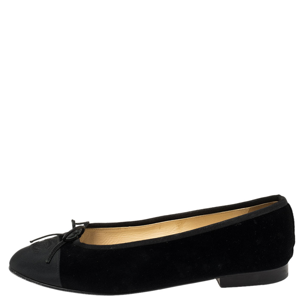 

Chanel Black Velvet and Canvas Cap Toe CC Bow Ballet Flats Size