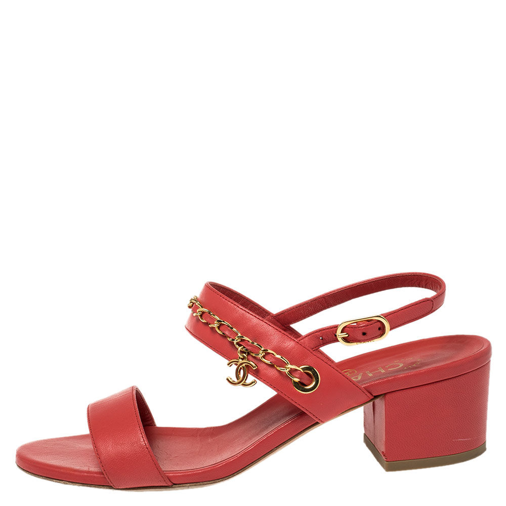 

Chanel Red Leather Chain Link Open Toe Ankle Strap Sandals Size