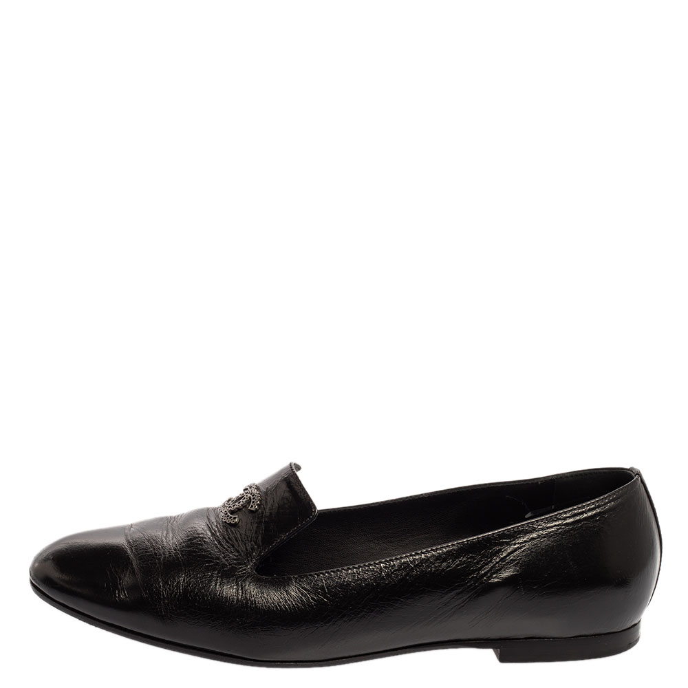 

Chanel Black Leather CC Slip On Loafers Size