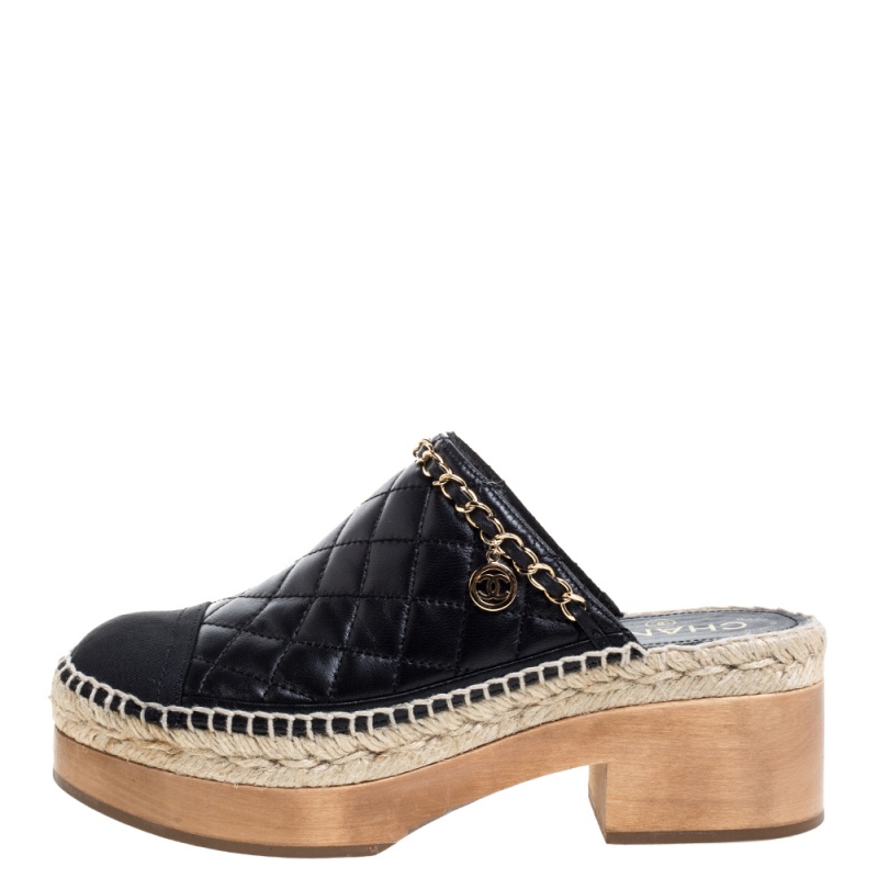 

Chanel Black Quilted Leather Cap Toe Chain Mules Size