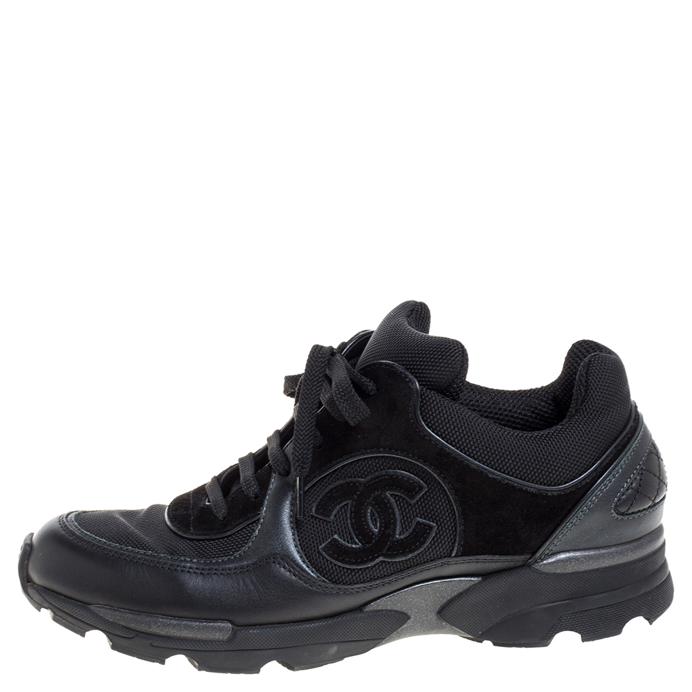 

Chanel Black Leather, Suede And Mesh CC Lace Up Sneakers Size
