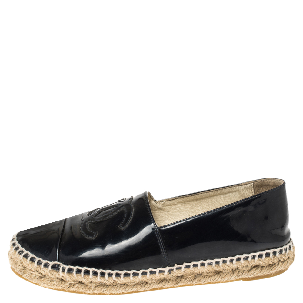 

Chanel Navy Blue Patent Leather CC Cap Toe Espadrille Flats Size