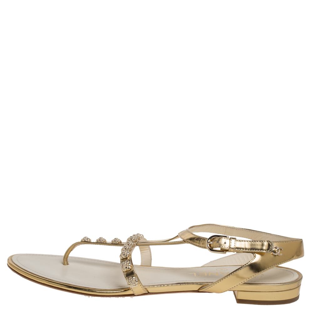 

Chanel Gold Leather CC Camellia Thong Sandals Size