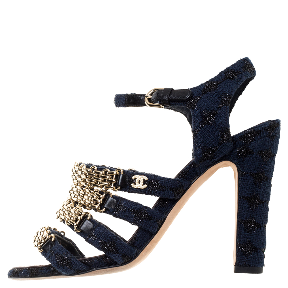 

Chanel Blue Fabric Reissue Chain Ankle Strap Sandals Size