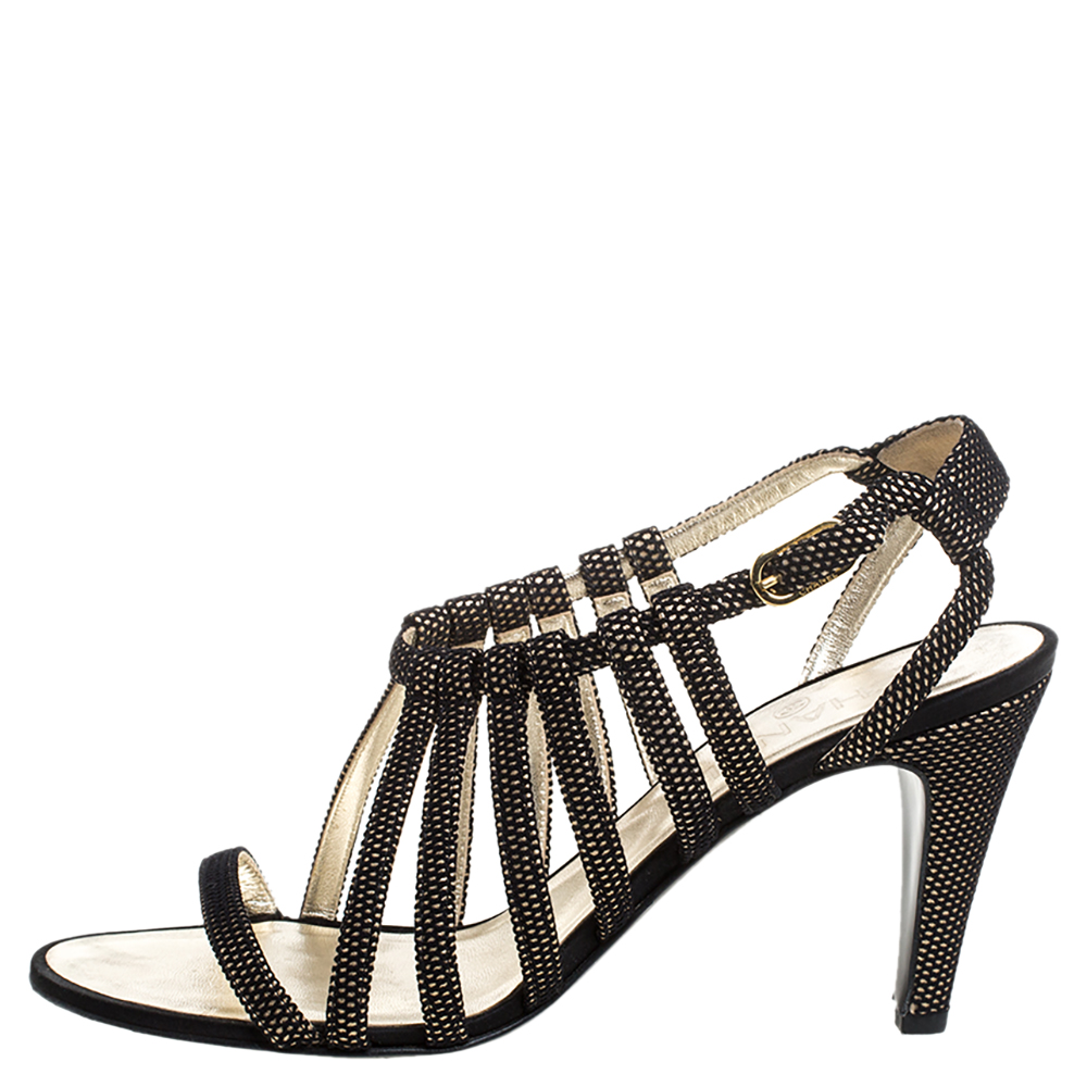 

Chanel Black Leather And Fabric Open Toe Strappy Sandals Size