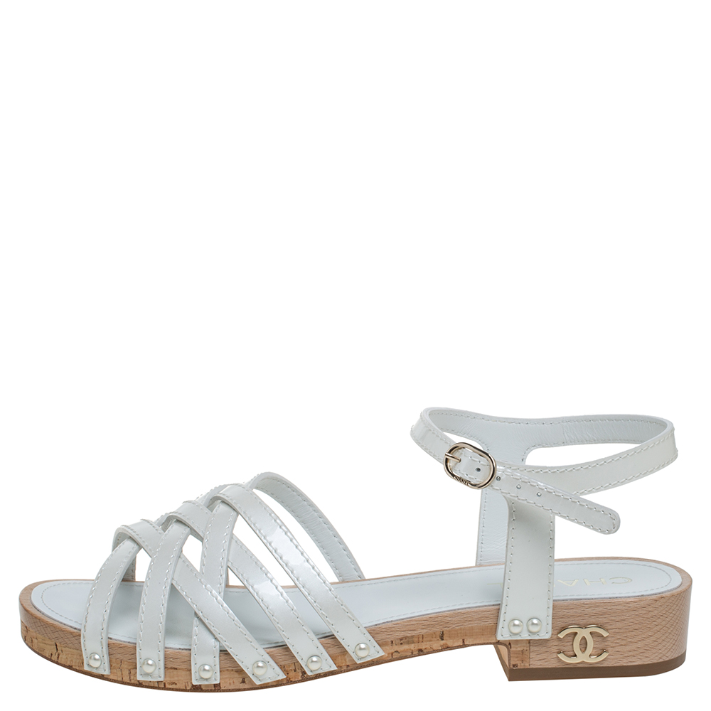 

Chanel White Patent Leather Ankle Strap Strappy Cork Flat Sandals Size