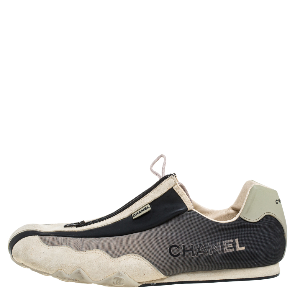 

Chanel Black/Beige Leather And Fabric Zipper/Lace Sneakers Size