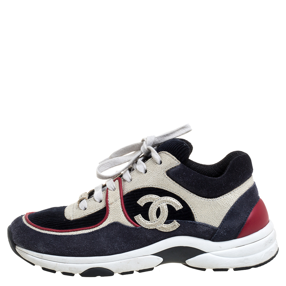 

Chanel Multicolor Suede Leather And Fabric CC Logo Low Top Sneakers Size