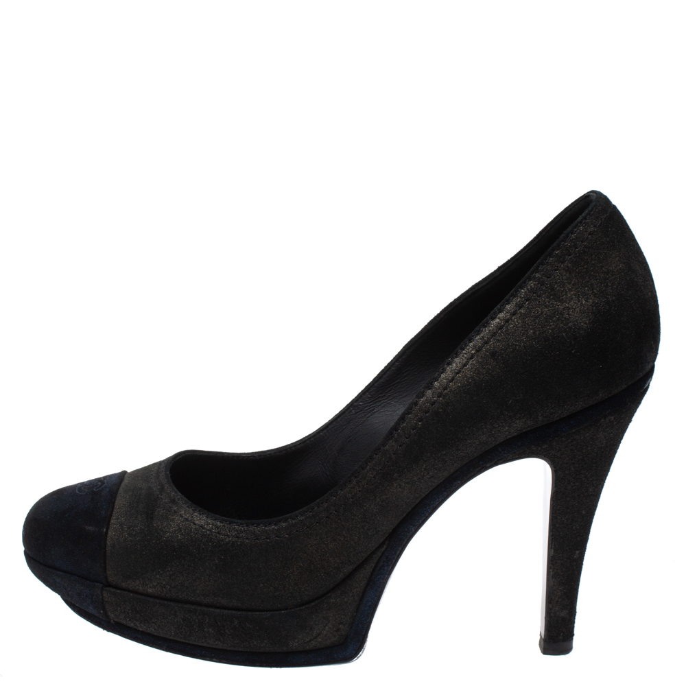 

Chanel Shimmery Black/Navy Blue Suede CC Cap Toe Platform Pumps Size