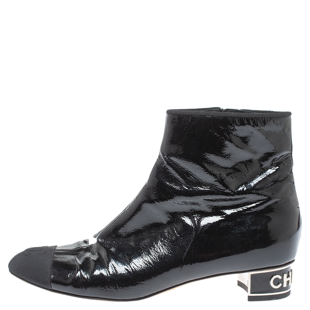 

Chanel Black Patent Leather CC Cap Toe Zipper Ankle Boots Size