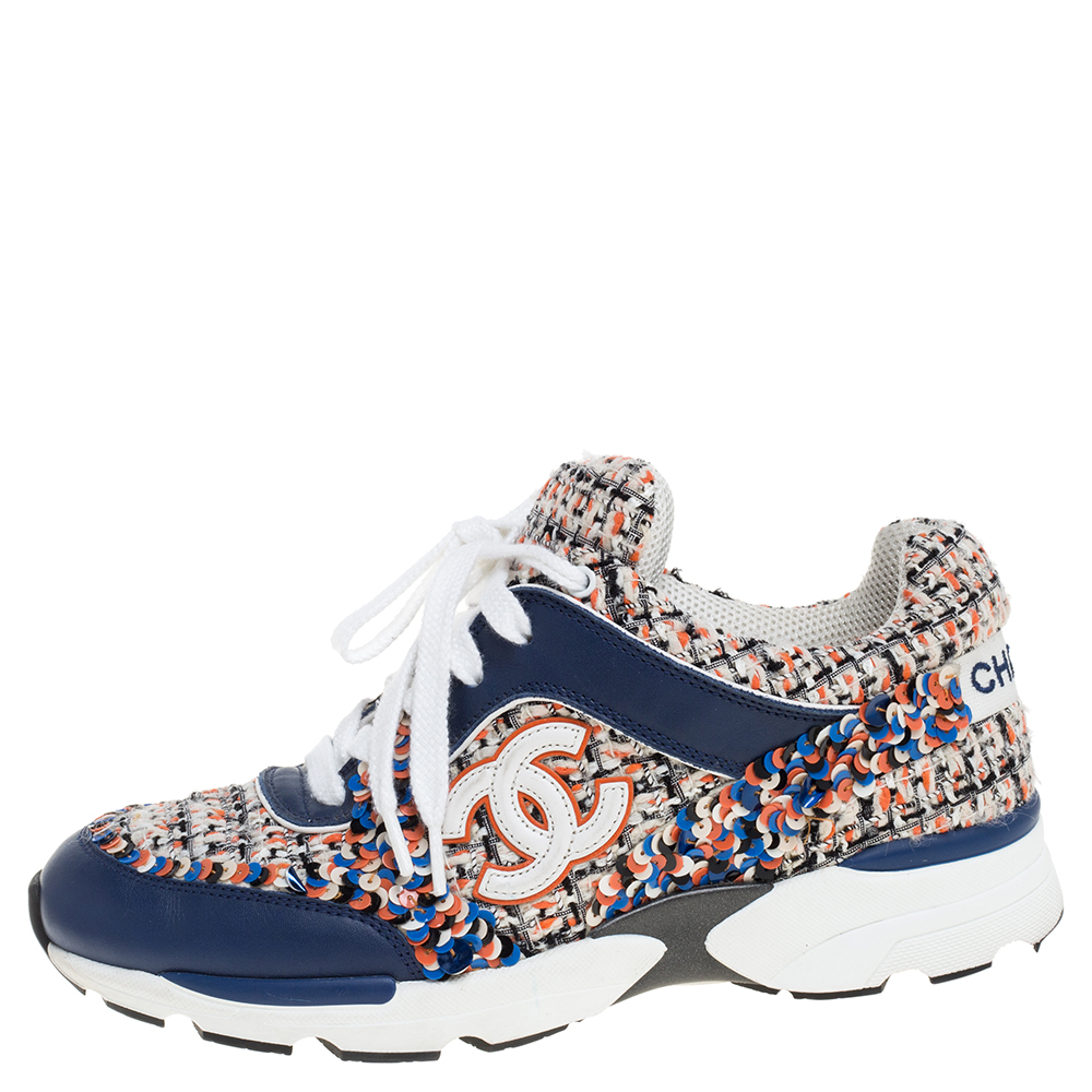 

Chanel Multicolor Tweed/Leather and Sequins Low Top CC Sneakers Size