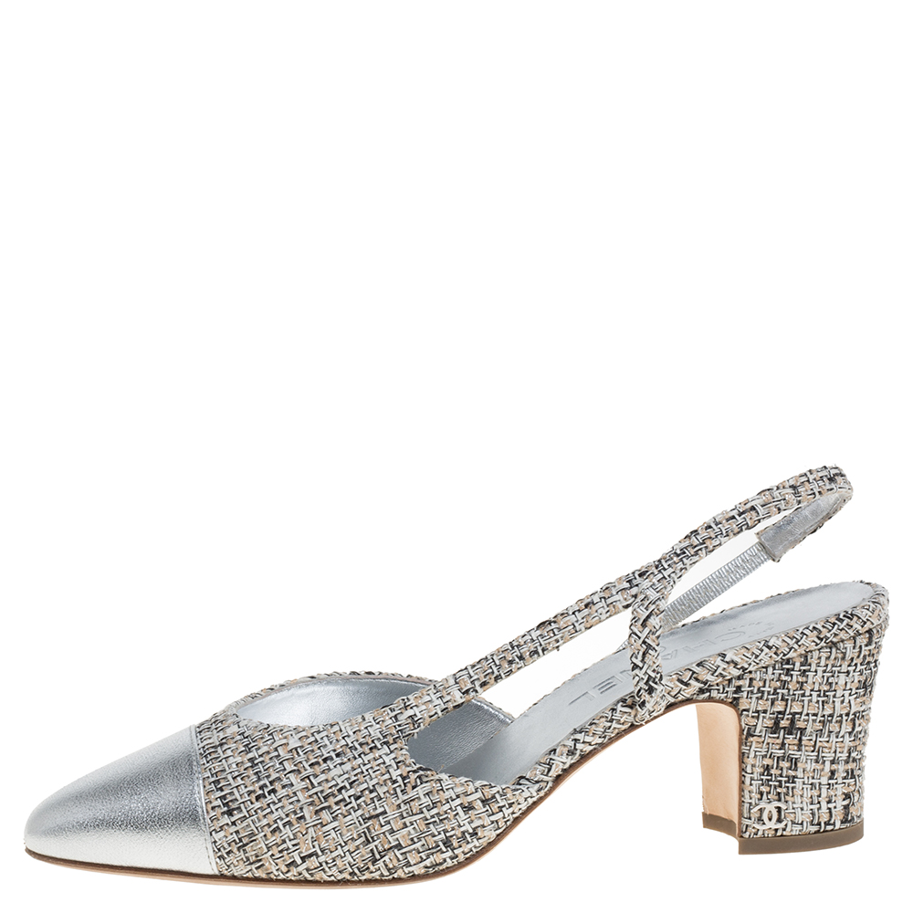 

Chanel Silver Leather And Tweed Fabric CC Block Heel Slingback Sandals Size