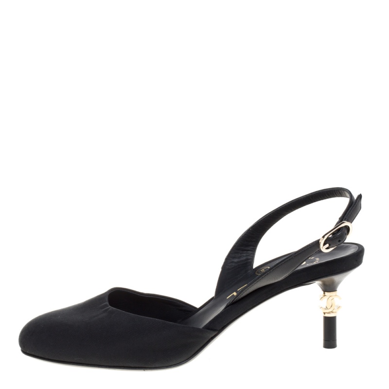 

Chanel Black Canvas CC Heels Slingback Sandals Size