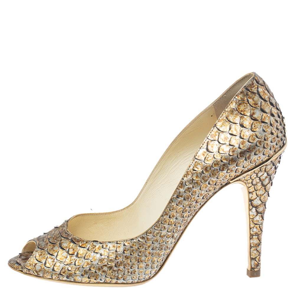 

Chanel Metallic Gold/Beige Python Leather Peep Toe Pumps Size