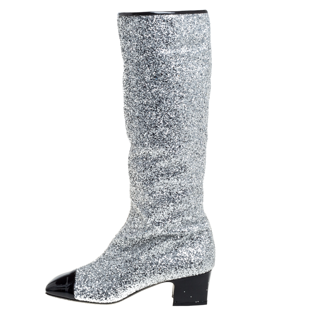 

Chanel Silver Glitter Fantasy Knee Boots Size 41C