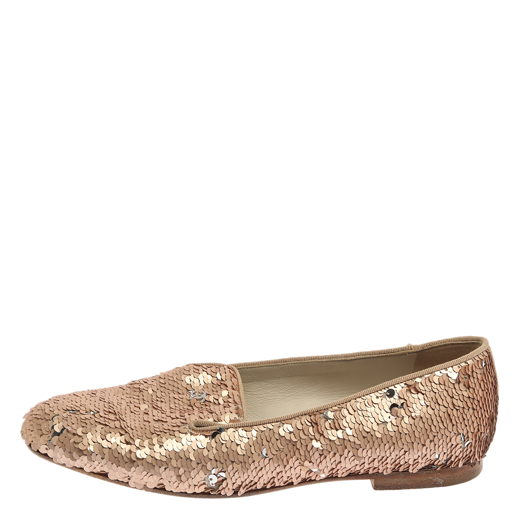 

Chanel Rose Gold Sequin CC Smoking Slipper Loafers Size