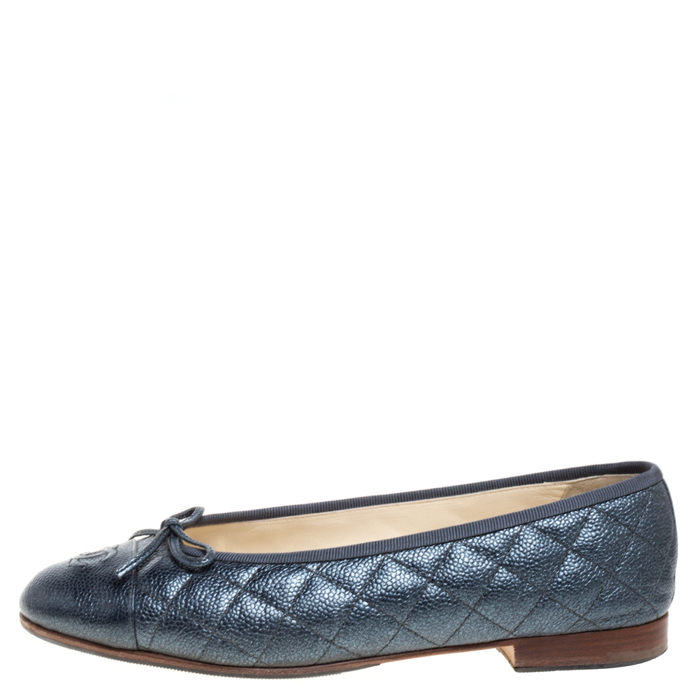 

Chanel Metallic Grey Quilted Caviar Leather CC Bow Cap Toe Ballet Flats Size