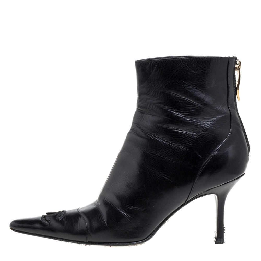 

Chanel Black Leather CC Pointed Toe Ankle Boots