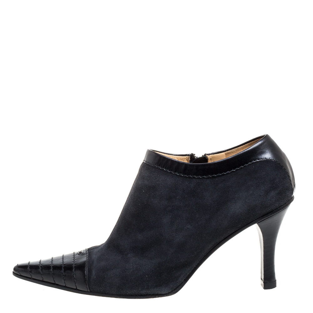

Chanel Black Suede and Leather CC Pointed Toe Ankle Booties Size