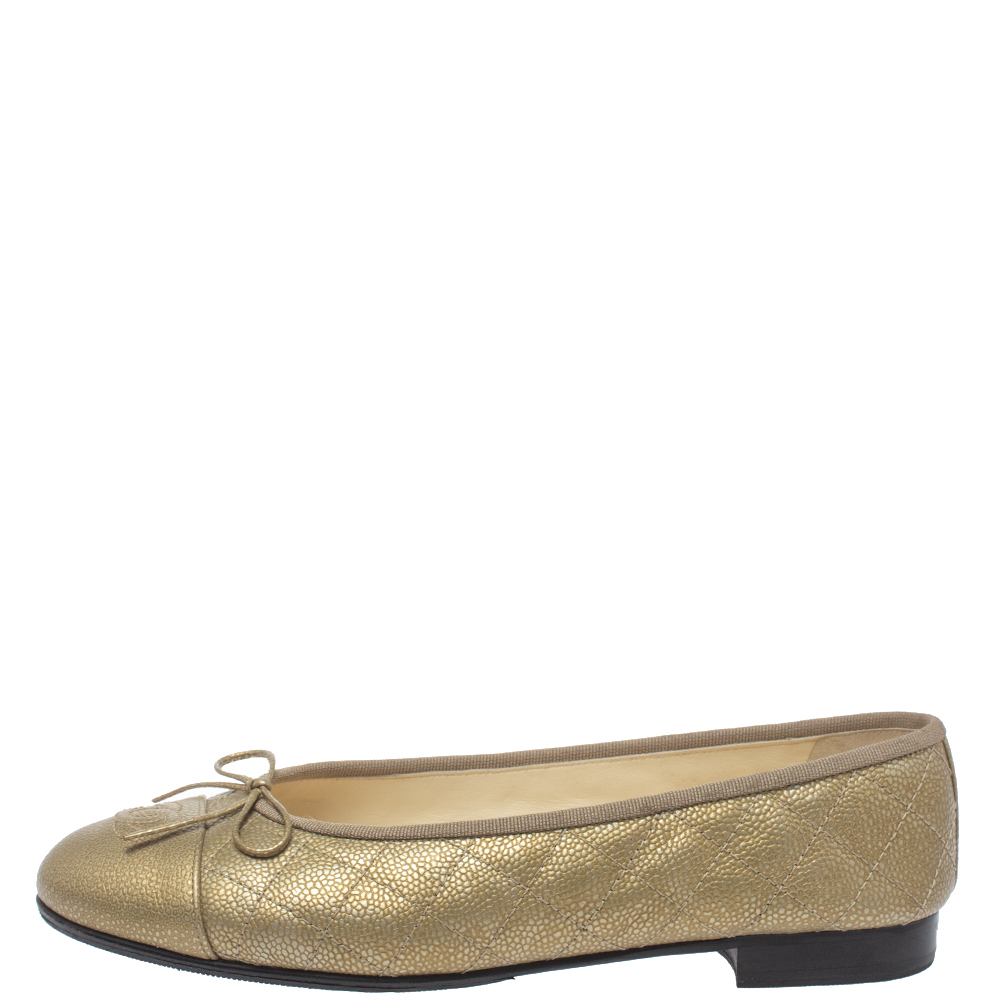 

Chanel Metallic Gold Quilted Leather CC Cap Toe Bow Ballet Flats Size
