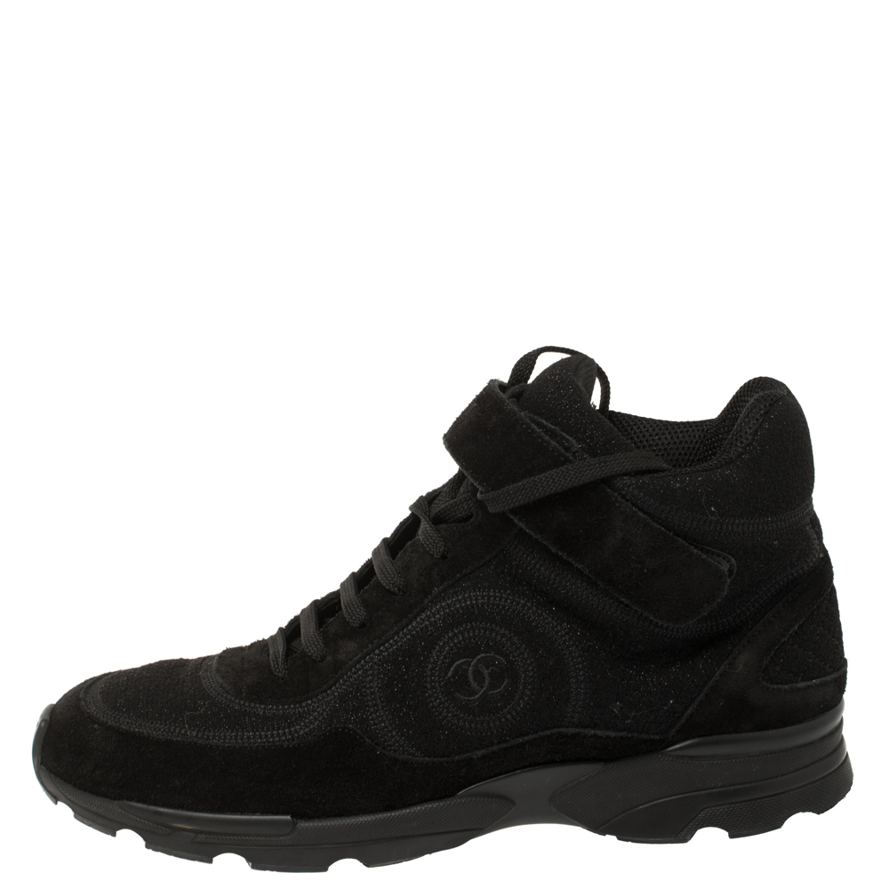 

Chanel Shimmery Fabric and Suede CC High Top Sneakers Size, Black