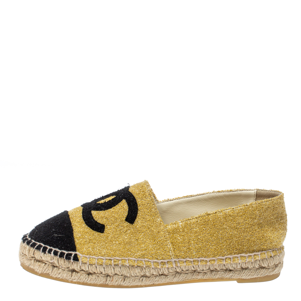 

Chanel Yellow/Black Fabric CC Logo Espadrilles Size