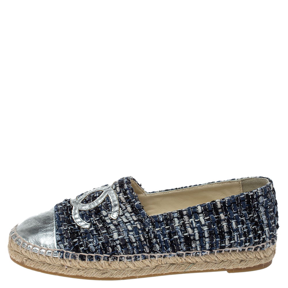 

Chanel Multicolor Tweed And Leather CC Cap Toe Espadrille Flats Size