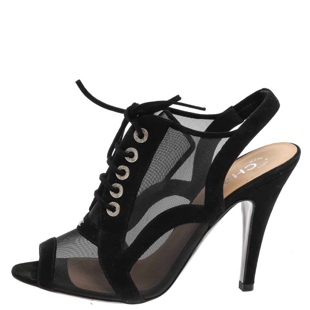 

Chanel Black Mesh And Suede Trims CC Peep Toe Bootie Size